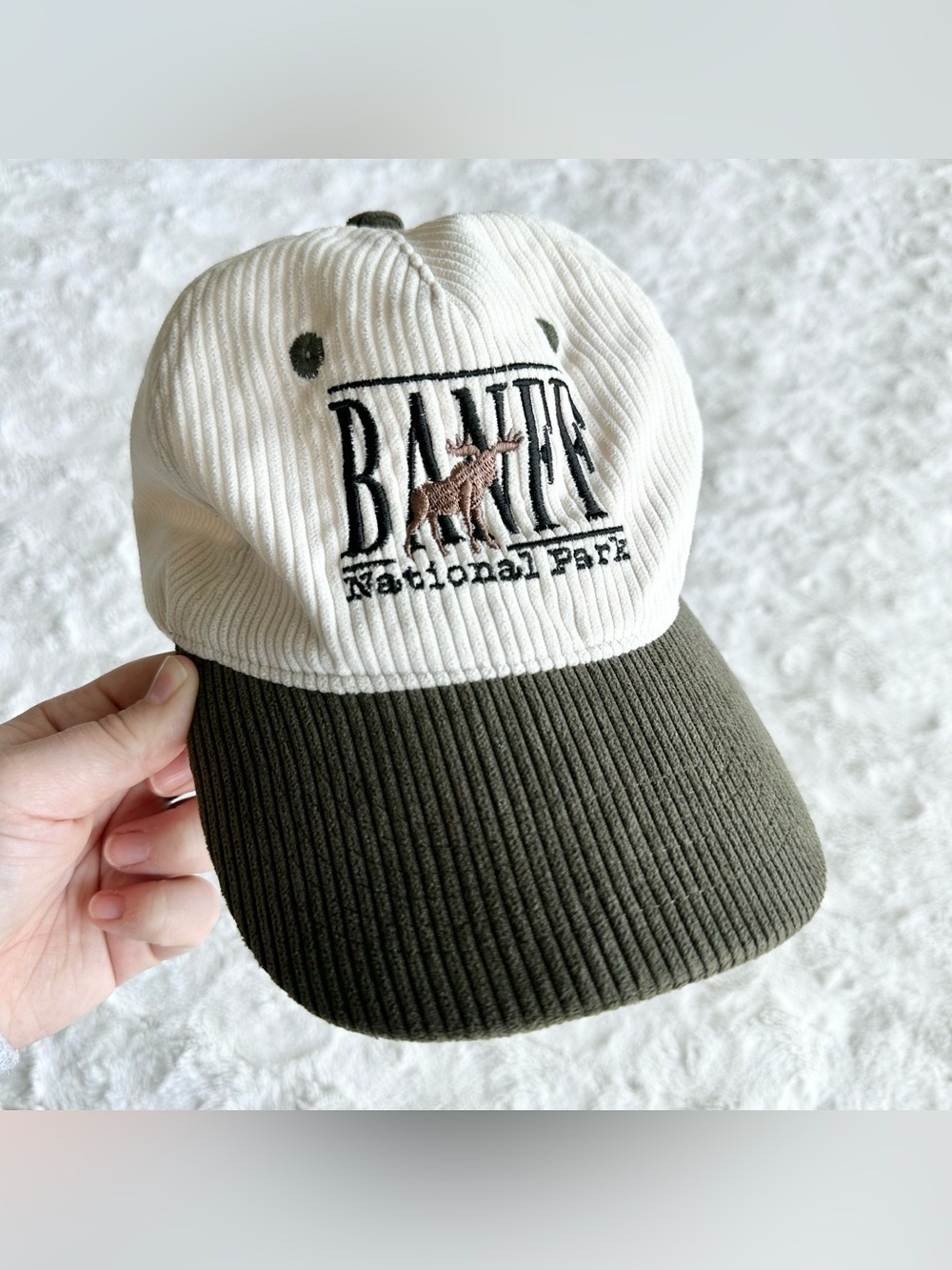 Banff National Park Hat Cap Adult OS Ivory Green Corduroy Moose Alberta Canada